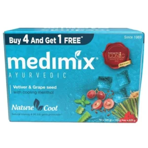 medimix ayurvedic cool bathing soap with menthol, vetiver & grape seed 125gm (buy 4 and get 1 extra combo pack) | for fresh & protected skin | shop herbal | natural | paraben free & sulphate free |